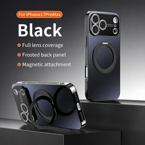 May include: Black iPhone 17 Pro Max phone case with full lens coverage, a frosted back panel, and a magnetic attachment. The case has a black ring holder and a metallic frame.