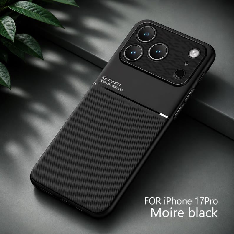 May include: Black phone case with a textured back and a camera module. The case has the text "IQE DESIGN BEST OF YOURSELF" and "FOR iPhone 17Pro Moire black".