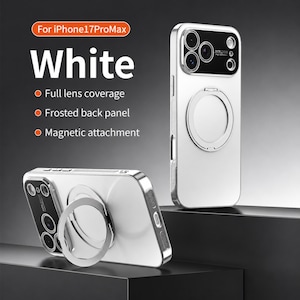 May include: White iPhone 17 Pro Max phone case with a silver ring holder. The case has full lens coverage, a frosted back panel, and a magnetic attachment. The case is shown in two different angles.