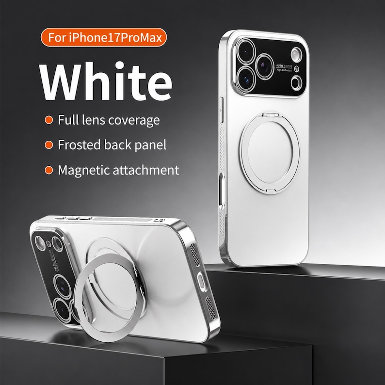 May include: White iPhone 17 Pro Max phone case with a silver ring holder. The case has full lens coverage, a frosted back panel, and a magnetic attachment. The case is shown in two different angles.