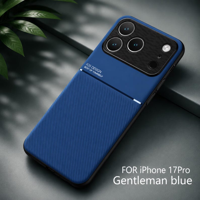 May include: A blue iPhone 17 Pro case with a textured lower section and a smooth upper section. The case has a black camera module and the text "IOS DESIGN BEST OF YOURSELF" is printed on the case. The text "FOR iPhone 17Pro Gentleman blue" is also visible.