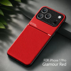 May include: A red phone case with a textured back and a black border. The case has a section with three camera lenses and a flash. The text "IOS DESIGN BEST OF YOURSELF" is printed on the case. The words "FOR iPhone 17Pro Glamour Red" are printed at the bottom.