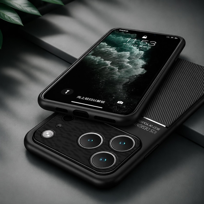 May include: Two black smartphones, one on top of the other. The top phone displays a lock screen with the time 11:53. The bottom phone has a textured back with three camera lenses and the text "IOS DESIGN BEST OF YOURS".