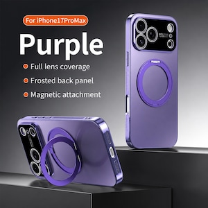 May include: Purple iPhone 17 Pro Max phone case with a magnetic ring holder. The case has full lens coverage and a frosted back panel. The text on the image says "Purple", "Full lens coverage", "Frosted back panel", and "Magnetic attachment".