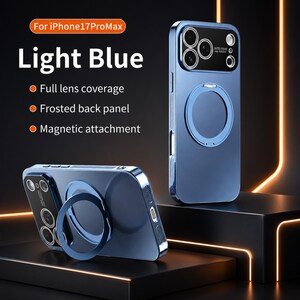 May include: Light blue phone case for iPhone 17 Pro Max. Features include full lens coverage, a frosted back panel, and magnetic attachment. The case has a ring holder and is shown in two different positions.