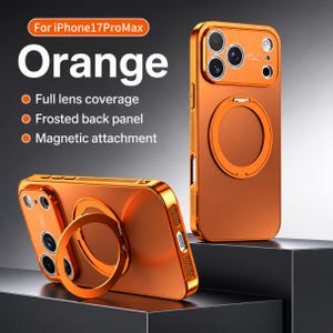 May include: Orange iPhone 17 Pro Max case with full lens coverage, a frosted back panel, and a magnetic attachment. The case has a ring holder and the word "Orange" is displayed in large white letters.