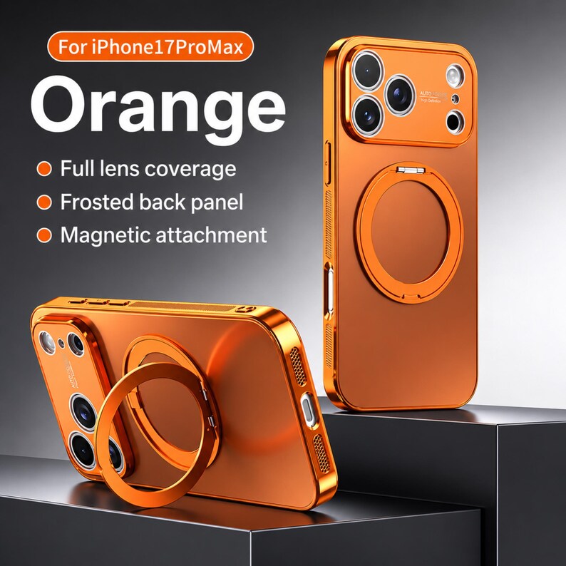 May include: Orange iPhone 17 Pro Max case with full lens coverage, a frosted back panel, and a magnetic attachment. The case has a ring holder and the word "Orange" is displayed in large white letters.