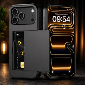Può includere: Custodia nera per iPhone con porta carte integrato. La custodia ha una porta scorrevole che rivela una carta con la scritta "BLACKCATCARD". Lo schermo del telefono mostra l'ora 09:54 di venerdì 15 dicembre.