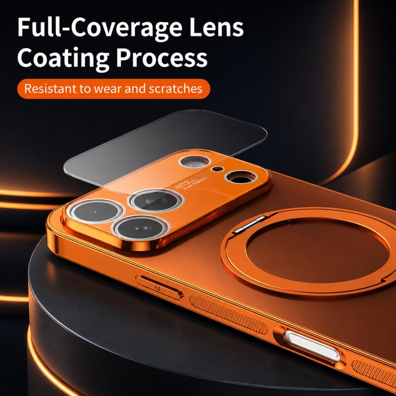 May include: An orange phone case with a full-coverage lens coating process. The case has a protective lens cover and a magnetic ring. The text on the image reads "Full-Coverage Lens Coating Process" and "Resistant to wear and scratches."