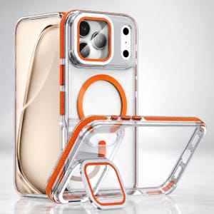 May include: A clear protective phone case with vibrant orange accents, featuring a circular magnetic ring on the back, a raised camera lens frame, and a foldable kickstand integrated into the rear panel, shown from multiple angles.