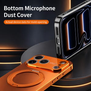 May include: Orange phone case with a magnetic ring and camera lens protector. The case has a sleek design and features the text "Bottom Microphone Dust Cover" and "Actual device data for mold opening". A black phone case is also visible.