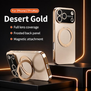May include: Desert Gold iPhone 17 Pro Max phone case. The case is gold with a ring holder and full lens coverage. The back panel is frosted, and it has a magnetic attachment. The text on the image says "For iPhone17ProMax" and "Desert Gold".