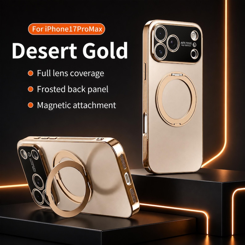 May include: Desert Gold iPhone 17 Pro Max phone case. The case is gold with a ring holder and full lens coverage. The back panel is frosted, and it has a magnetic attachment. The text on the image says "For iPhone17ProMax" and "Desert Gold".