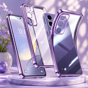 May include: A smartphone with a purple frame and a clear back panel, displayed alongside a separate matching purple phone case. The phone screen shows the time 12:45 and a circular graphic. The design features a metallic purple border.
