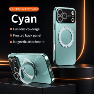 May include: Cyan-colored phone case with a silver ring holder. The case has a frosted back panel and full lens coverage. The text on the image says "For iPhone17ProMax" and lists features like "Magnetic attachment."