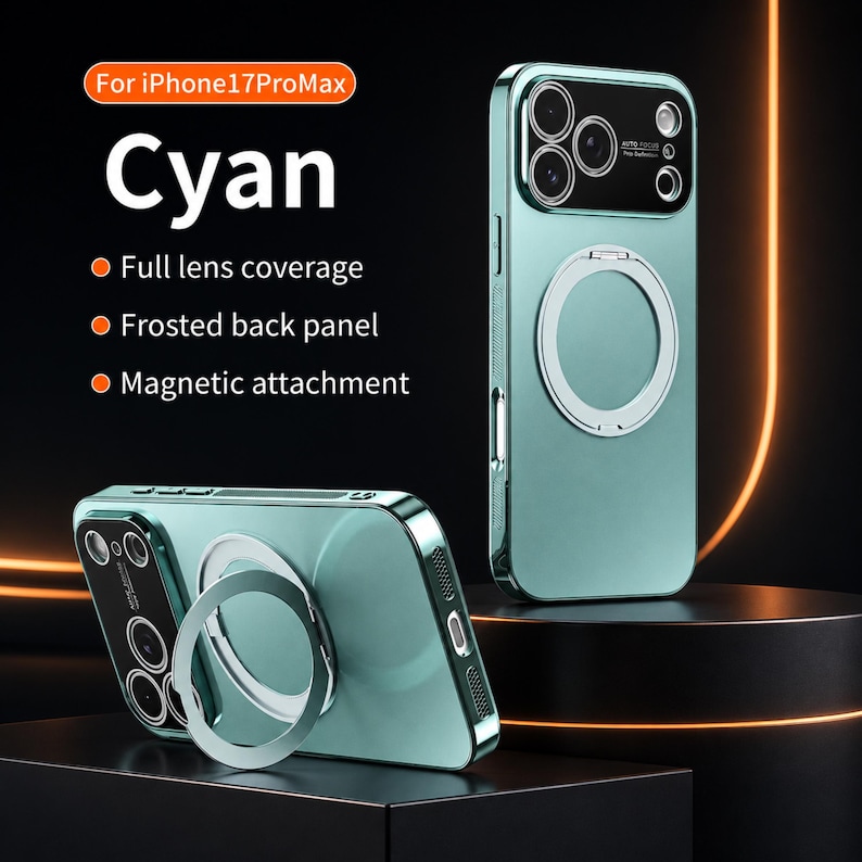 May include: Cyan-colored phone case with a silver ring holder. The case has a frosted back panel and full lens coverage. The text on the image says "For iPhone17ProMax" and lists features like "Magnetic attachment."