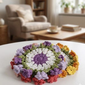 Peut inclure: Un dessous de verre fait à la main au crochet avec un motif floral. Le dessous de verre a un centre blanc avec un accent violet, entouré de bords en forme de fleurs vertes, violettes, oranges et jaunes. Le dessous de verre est sur une surface blanche.