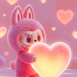 Puede incluir: Una criatura rosa y peluda con un disfraz de conejito sostiene un corazón brillante. El personaje tiene una expresión traviesa con ojos rojos y una pequeña sonrisa. El fondo es rosa suave con formas de corazón flotantes, creando un tema romántico.