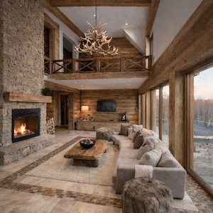May include: A luxurious living room with a stone fireplace, wooden beams, and a large sectional sofa. A unique antler chandelier hangs from the ceiling. The room features large windows and a rustic, cozy atmosphere.