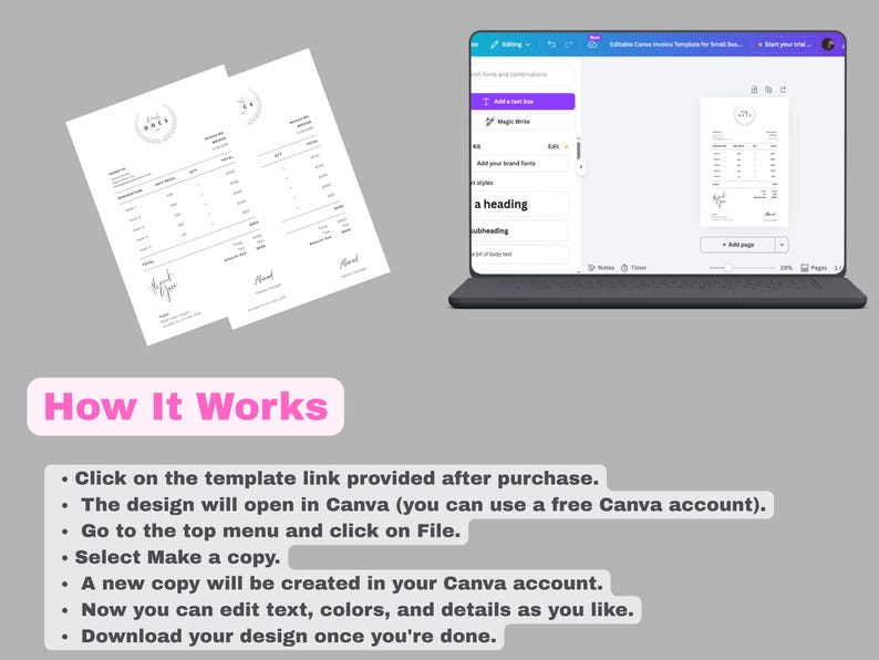 Editable Canva Invoice Template for Small Business | Minimalist Receipt ...