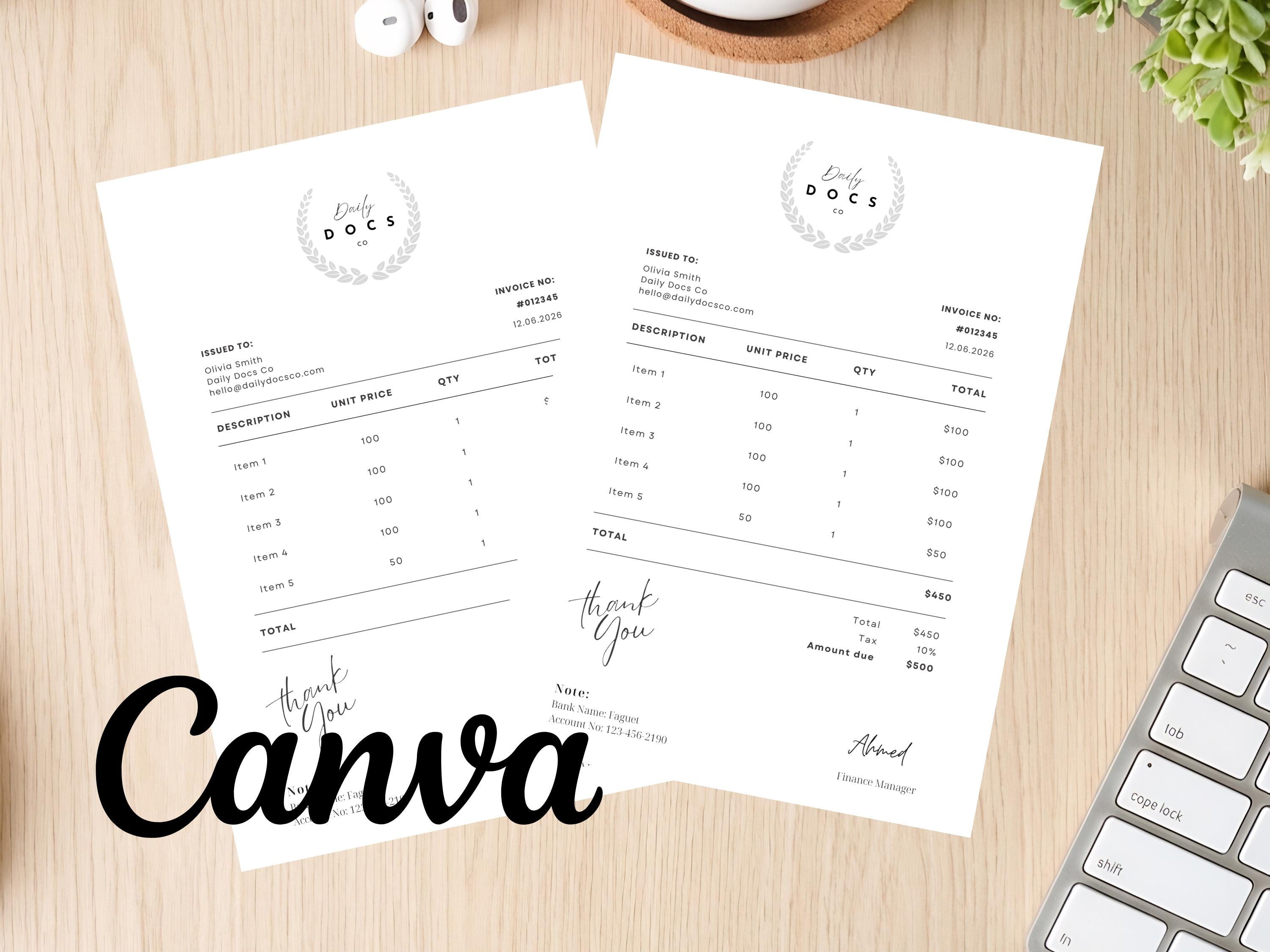 Editable Canva Invoice Template for Small Business | Minimalist Receipt ...