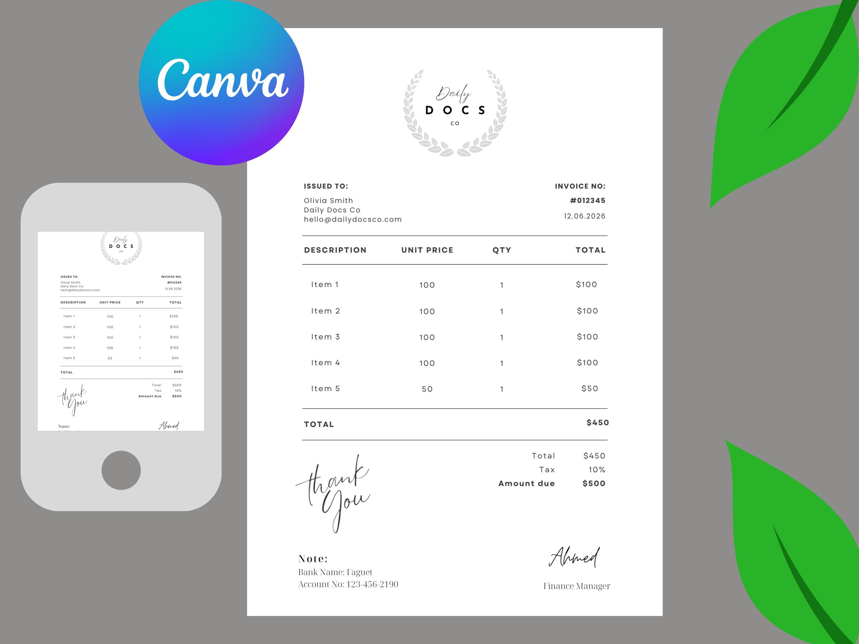 Editable Canva Invoice Template for Small Business | Minimalist Receipt ...