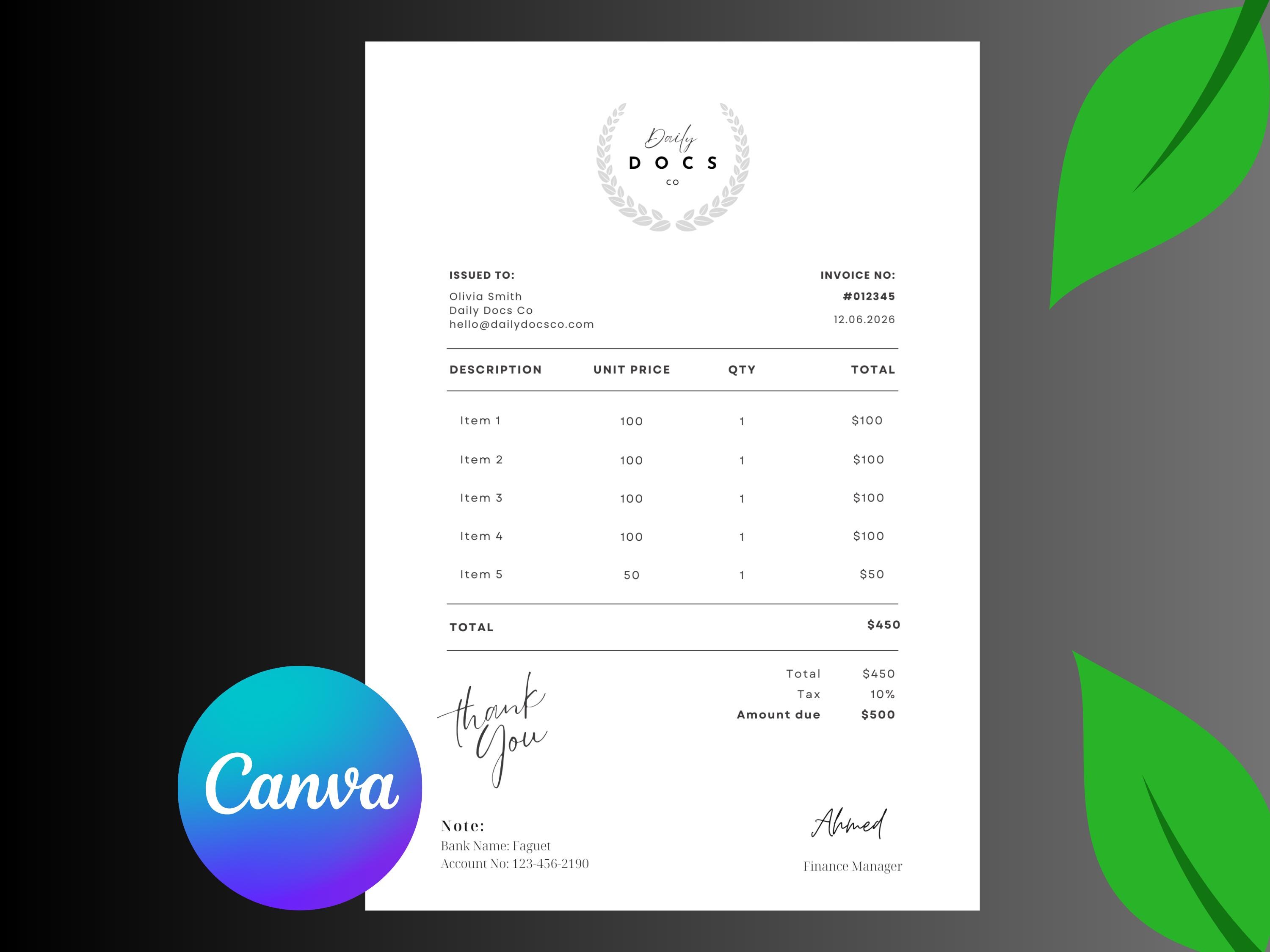Editable Canva Invoice Template for Small Business | Minimalist Receipt ...
