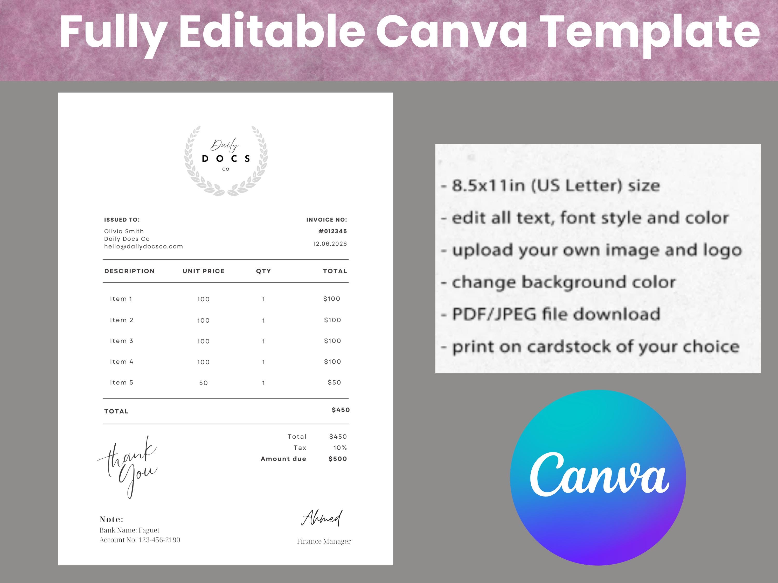 Editable Canva Invoice Template for Small Business | Minimalist Receipt ...