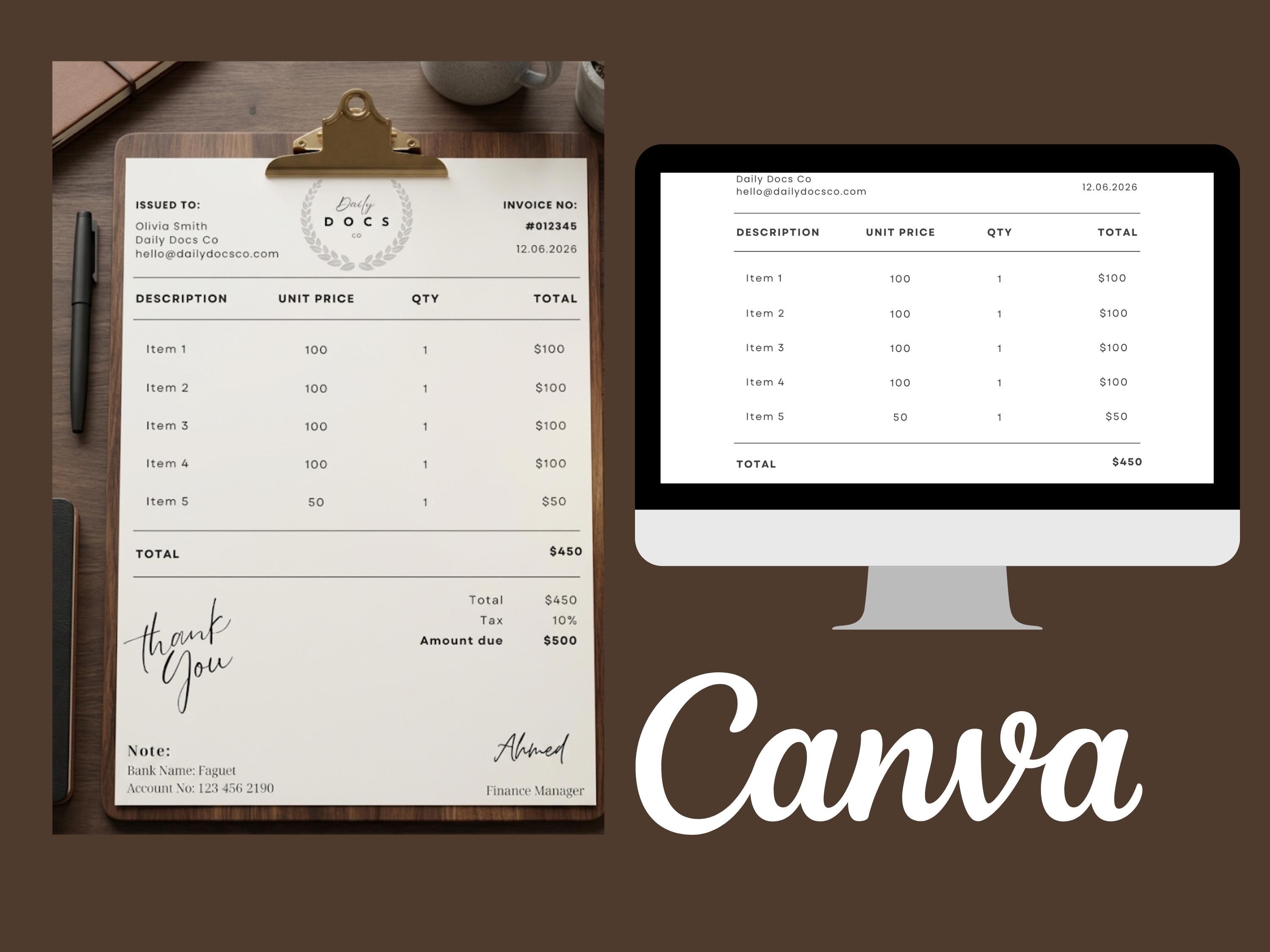 Editable Canva Invoice Template for Small Business | Minimalist Receipt ...