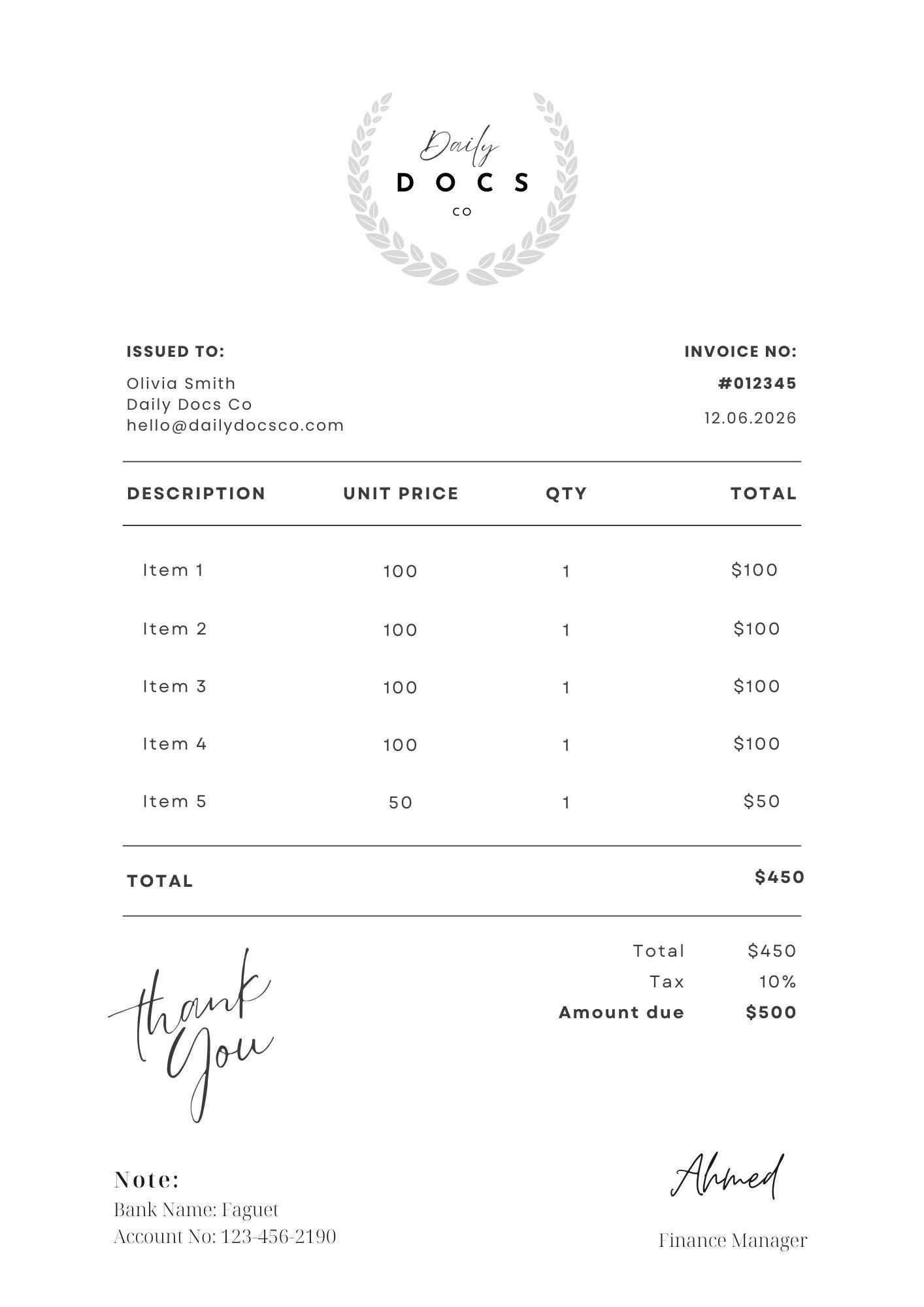 Editable Canva Invoice Template for Small Business | Minimalist Receipt ...