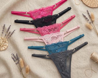 Set di 5 pezzi di perizoma sexy in pizzo da donna, slip a G trasparenti con vita regolabile