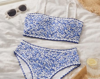 Floral High Waist Bikini Set, Bandeau Swimsuit, Women’s Thong Beachwear