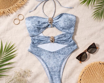 Denim Print Bikini Set High Cut Halter String Swimsuit Women Beachwear