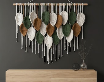Tapiz de macramé grande para pared, decoración bohemia, arte de pared tejido, diseño de hojas y plumas hecho a mano, decoración moderna para el hogar estilo boho, decoración de pared neutra