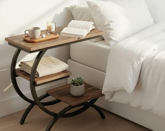 C-Shaped Sofa Side Table, Rustic Wood Industrial End Table with 3 Storage Shelves, Small Bedside Snack Table