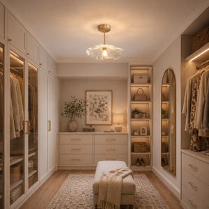 May include: A well-lit walk-in closet with cream-colored cabinetry, a patterned rug, and a bench with a blanket. A gold-toned light fixture hangs from the ceiling. A framed floral print and a tall mirror add to the room's decor. Clothes hang in the closet.