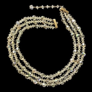 Vintage LISNER Clear Faceted Aurora Borealis Crystal 3-Strand Beaded Choker Necklace