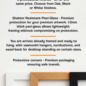 Puede incluir: Primer plano de tres marcos con acabados blanco, roble y negro. La imagen destaca las caracter&iacute;sticas de los marcos, incluyendo plexigl&aacute;s resistente a roturas, colgadores de sierra y esquinas protectoras para un transporte seguro.
