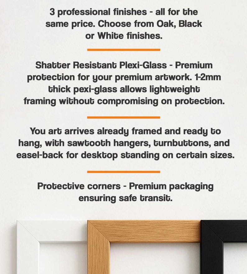 Puede incluir: Primer plano de tres marcos con acabados blanco, roble y negro. La imagen destaca las caracter&iacute;sticas de los marcos, incluyendo plexigl&aacute;s resistente a roturas, colgadores de sierra y esquinas protectoras para un transporte seguro.
