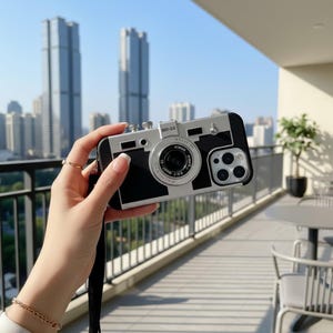 May include: A black and silver phone case designed to resemble a vintage camera. The case features a lens, buttons, and the text "001-20". The phone case is held against a backdrop of a cityscape.