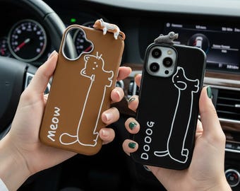 Custodia per iPhone con giocattolo 3D gatto/cane / Cover morbida effetto pelle, protezione con glitter