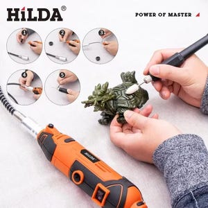 May include: An orange and black Hilda rotary tool with a flexible shaft, shown in use on a green dragon figurine. The image includes step-by-step instructions and the text "POWER OF MASTER".