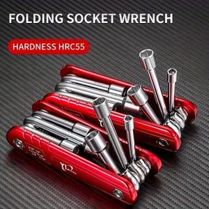 May include: A red folding socket wrench with multiple chrome sockets. The text "FOLDING SOCKET WRENCH" and "HARDNESS HRC55" are visible. The tool is designed for various mechanical tasks.
