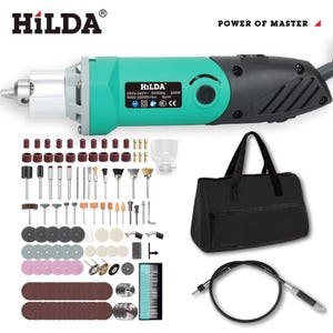 May include: A green and black rotary tool kit with the brand name "HILDA". The kit includes a variety of attachments, a black carrying bag, and a flexible shaft. The text "POWER OF MASTER" is also visible.