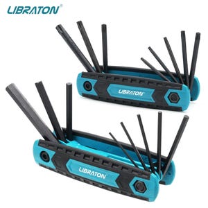 May include: Two sets of hex key wrenches. The wrenches are black and are stored in a teal and black holder. The brand name "LIBRATON" is printed in white on the holder.
