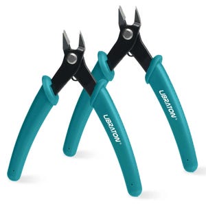 May include: Three teal-handled wire cutters with black blades are shown against a white backdrop. The handles are printed with the word "LIBRATON". The cutting edges are angled and sharp, designed for precision cutting.