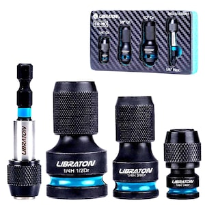 May include: A collection of black and blue Libration impact driver adapters and bits. The set includes various sizes, with the text "LIBRATON" and size specifications visible on the tools. The tools are arranged on a black and blue background.