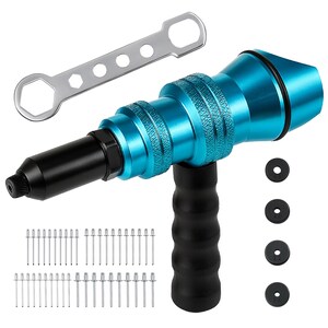 May include: A blue rivet gun with a black handle and a silver wrench. The tool has a textured grip and comes with rivets and washers. The rivet gun is designed for fastening materials together.