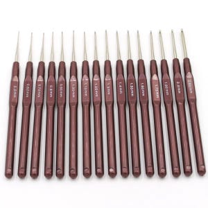 May include: A set of 16 crochet hooks with burgundy handles and silver metal tips. Each hook is labeled with its size in millimeters, ranging from 0.5 mm to 2.50 mm. The hooks are arranged in a row against a white background.