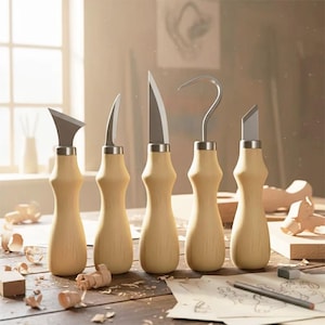 5-delige gereedschapsset voor houtsnijwerk, eikenhouten handgrepen, lepelmes, Whittling-set